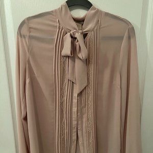 Women's Long Sleeve Blouse Dusty Pink with Attached Tie and Embroidery